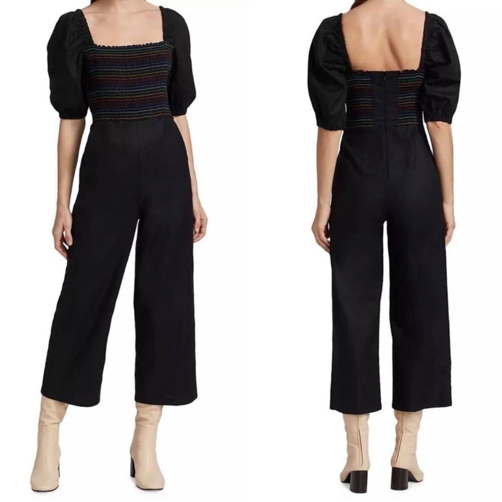Something Navy Rainbow Smocked Linen Blend Puff Sleeve Jumpsuit